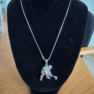Silver Tone Hockey Player Pendant Necklace | Rhinestone Pavé Sports Jewelry